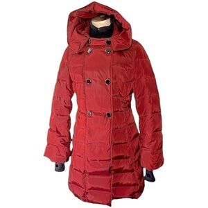 Soia & Kyo Down Fill Puffer Coat Hooded Red Full Zip Mid Length Jacket XS